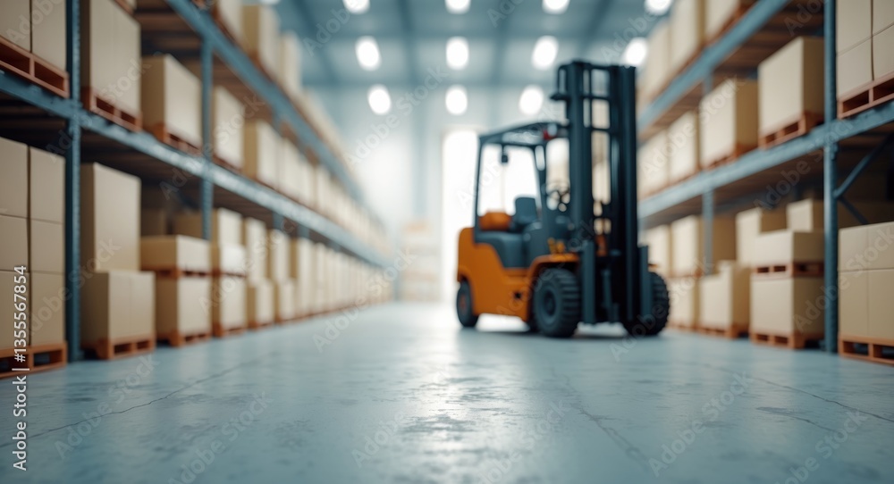 Poster defocused view of a spacious warehouse interior featuring organized storage areas and a forklift pre