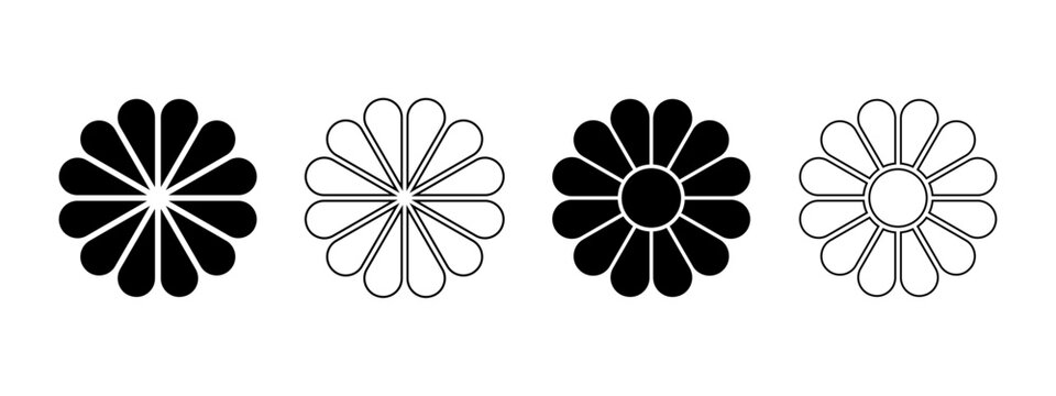 Daisy or gerbera silhouettes. Set of flower diagrams with 12 petals and core. Floral pie chart divided on equal parts in leaf shapes isolated on white background. Vector graphic illustration.