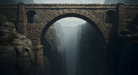 Stone Arch Bridge Spanning a Deep Canyon with Foggy Mist