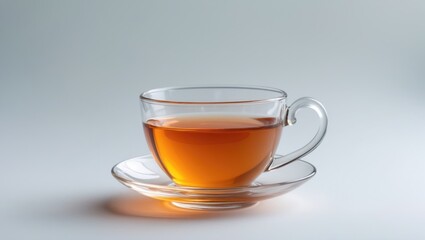 Glass cup of steaming aromatic tea against a white backdrop.