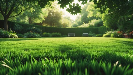 Obraz premium Garden Backyard Park Shady Fresh Lawn Green Wide Background or Texture. Family Picnic Area in the Green Space. Meadow Banner. Turf or Sod Lawn. Selective Focus.