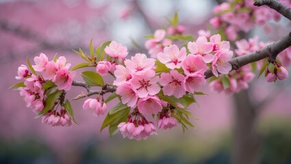 Obraz premium Delicate pink flowers embellish a branch, capturing the essence of renewal and natural beauty.