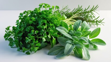 Obraz premium Freshly harvested herbs from my garden. Parsley, sage, rosemary, and oregano.