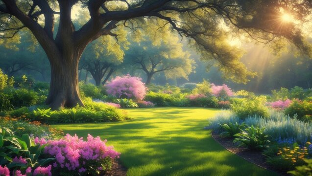 Dappled sunlight adorns the lawn of a shaded park abundant with native plants.