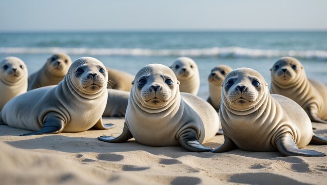 Adorable young seals on a sandy shore