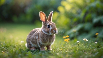 Fluffy cute rabbit on green grass in an outdoor setting.
