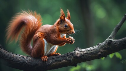 Obraz premium Curious Eurasian red squirrel perched on a branch in the woods. Green backdrop.