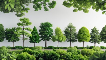 Row of cutout trees and shrubs in green during summer, isolated against a white background. Forestscape. High-quality clipping mask. Green foliage and forest.
