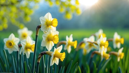 Daffodil flower flourishing in the morning sunlight.