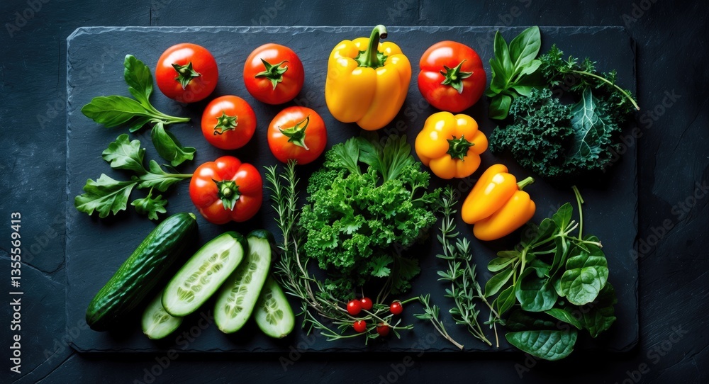 Poster dark flat lay culinary backdrop featuring fresh produce, viewed from above, with empty space for tex