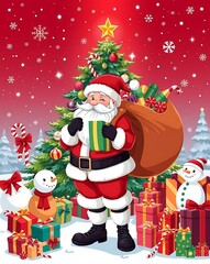 Merry Christmas Scene with Santa, Gifts, and Holiday Lights - Digital Artwork, Santa Claus Christmas Illustration, Festive Holiday Vector, Christmas Tree and Santa, Santa Claus Holding Gifts in Front 