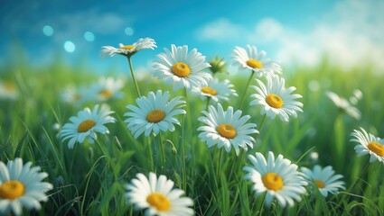 Fototapeta premium Fresh real daisy flowers, blooms, growing in meadow grass on a warm sunny day with a bright blue sky background.