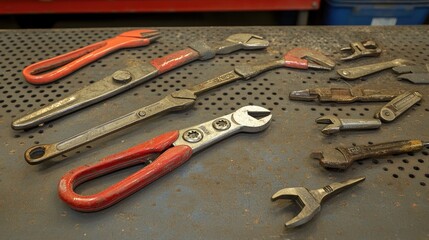 Fototapeta premium A detailed shot of pliers, wire cutters, and adjustable wrenches laid out on a steel surface.