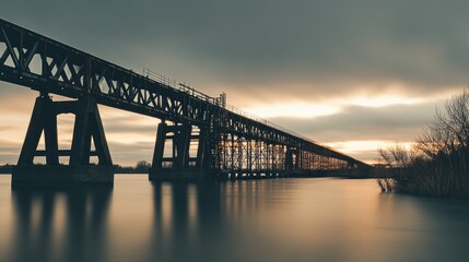 A dramatic shot of a long steel bridge under construction, with scaffolding supporting the structure.