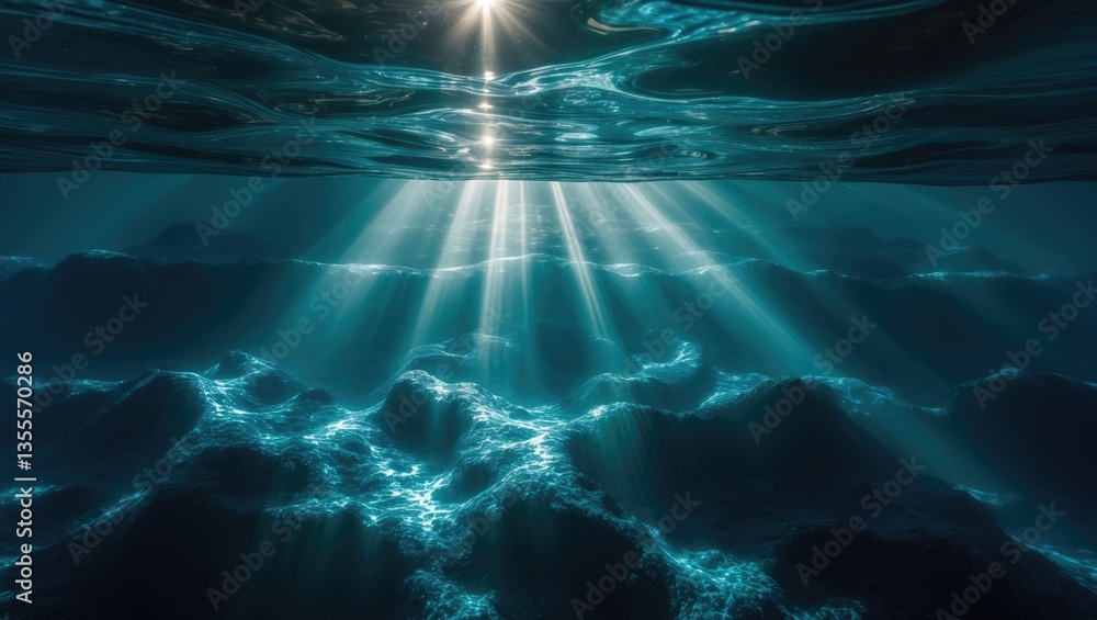 Aufkleber Dark blue ocean surface observed from beneath the waves. Abstract fractal patterns and rays of sunlight penetrating through.