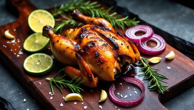 Grilled chicken seasoned with rosemary and spices on a wooden platter.