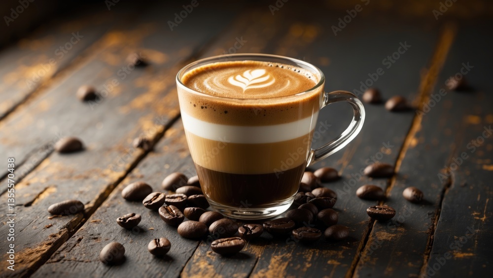 Poster cup of coffee with milk set against a dark background. a hot latte or one made with milk on a wooden
