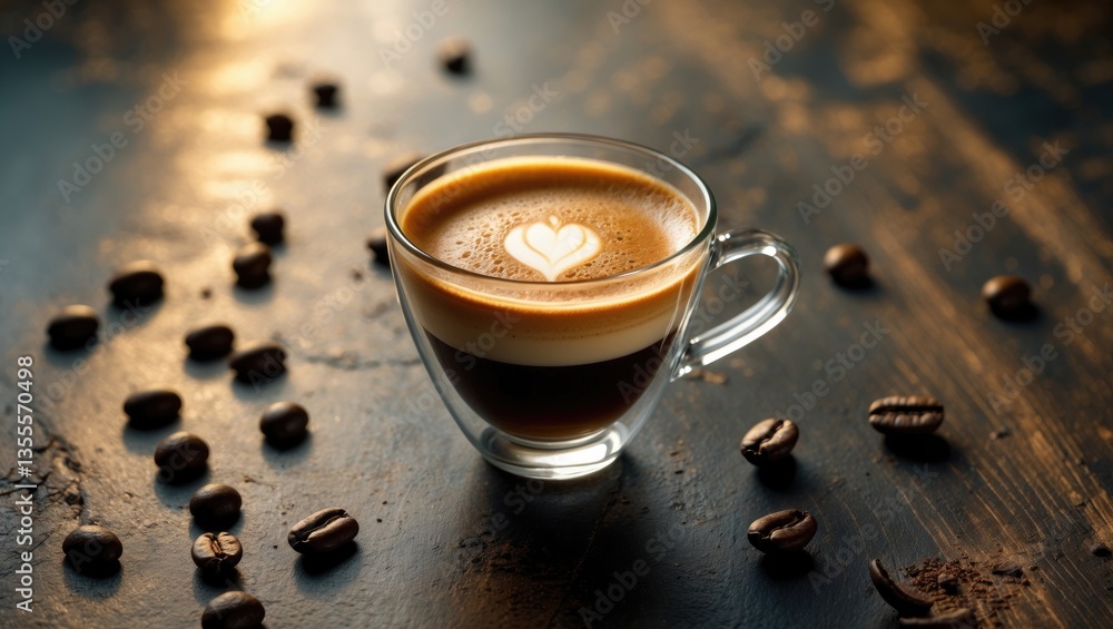 Poster Cup of coffee with milk on a dark surface. Warm latte or made with milk on a wooden tabletop with space for text.