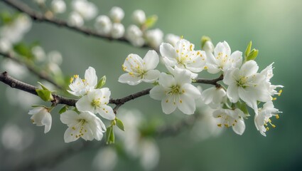 Obraz premium Delicate white flowers gracing a branch, representing renewal and the stunning beauty of the season.