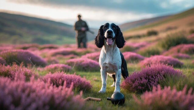 Grouse shooting scene. Hunter&acirc;&euro;&trade;s dog. Peg. Hunter.