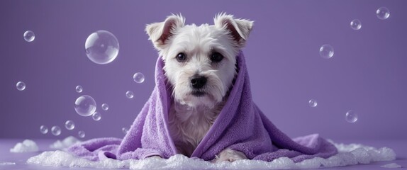 Adorable West Highland White Terrier dog on a purple backdrop post-bath. Dog enveloped in a towel amidst soap bubbles. Pet grooming idea.