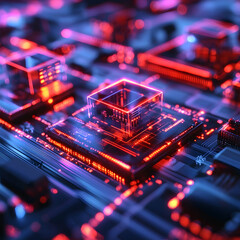 A futuristic image of a computer's motherboard. Red and blue glowing circuits and components hint at high-tech processing. Use it for tech presentations.