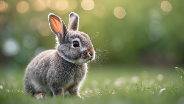 Adorable little rabbit on green grass with natural bokeh as background in springtime. Young cute bunny frolicking in the garden.