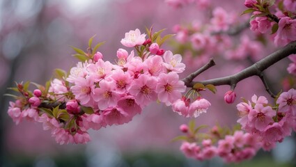 Fototapeta premium Delicate pink flowers embellish a branch, capturing the spirit of renewal and natural beauty.