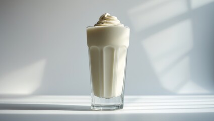 Tasty protein shake in a glass set against a white background.