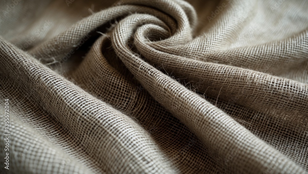 Poster grey burlap fabric showcases a coarse weave with noticeable gaps between fibers. the rough texture e