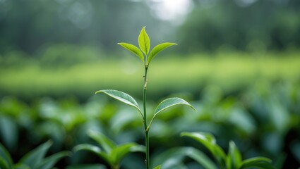 Obraz premium Green tea leaf plantation organic farm in the morning with a blurred background. Fresh green tea leaves. Organic tea garden freshness for a wallpaper background.