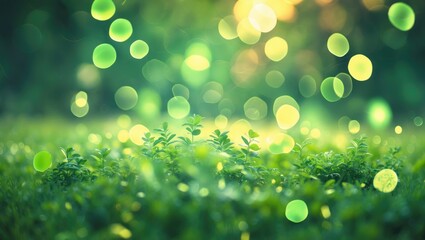 Fototapeta premium Green bokeh on nature abstract blurred background from tree. Mockup for showcasing. Montage of products, banner, or header for advertising on social media.