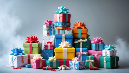 Group of gifts. Present boxes adorned with origami bows. Gray backdrop.