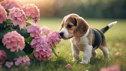 Cute beagle puppy smelling a flower