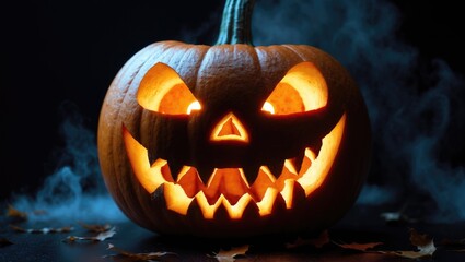 Fototapeta premium Halloween pumpkin with a smile and frightening eyes for party night. Close-up view of an eerie pumpkin with glowing eyes against a black background. Selective focus.