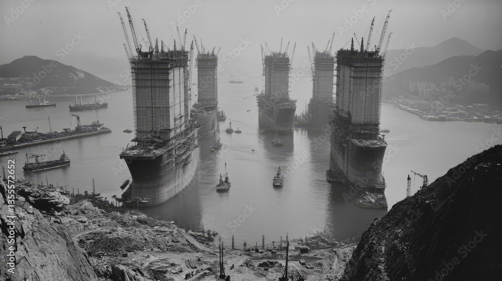 Poster A panoramic view of a massive construction project with multiple cranes in operation.