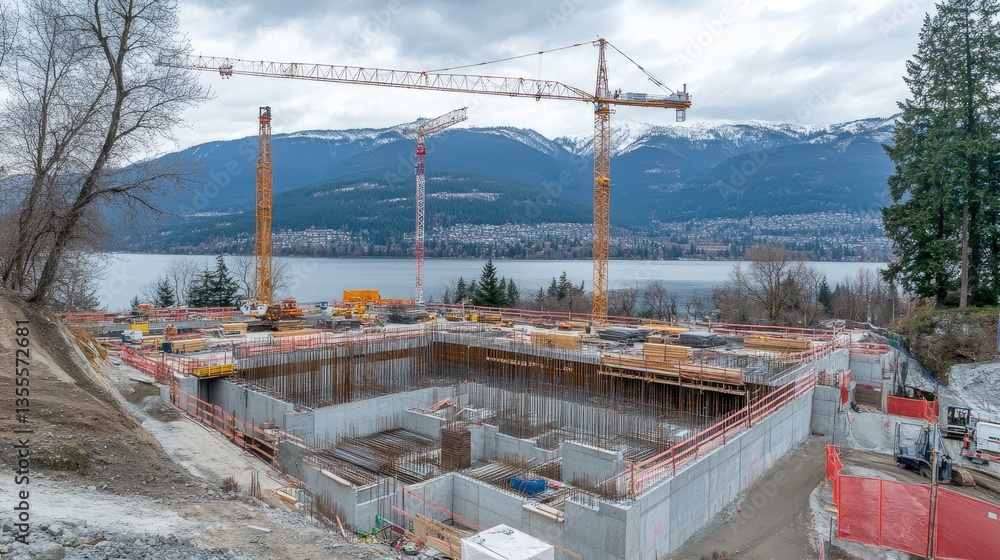 Poster a panoramic view of a massive construction project with multiple cranes in operation.