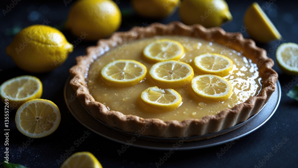 Poster tempting lemon pie showcased against a dark background. close-up view of the delicious dessert and f