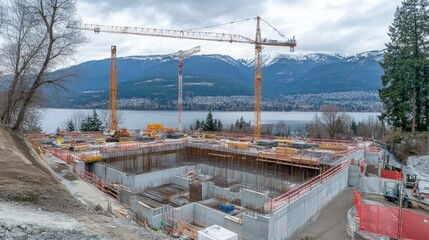 Fototapeta premium A panoramic view of a massive construction project with multiple cranes in operation.