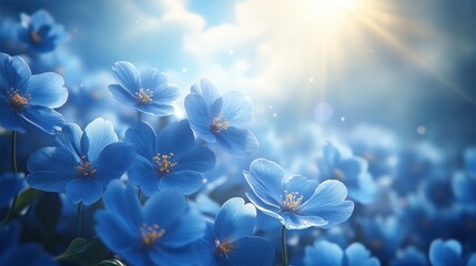 Blue flowers blooming in sunny meadow under bright sky