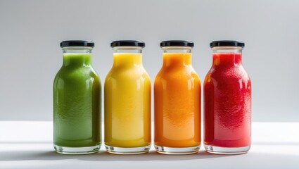 Smoothies in glass bottles colored green, yellow, orange, and red, isolated against a white background.