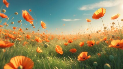 Obraz premium In a bright meadow, vibrant orange wildflowers bloom beneath clear blue skies, forming a colorful scene surrounded by tall green grass and gentle breezes.