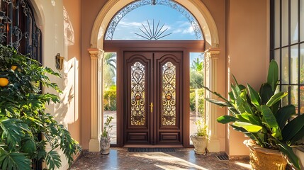 Fototapeta premium Grand entrance of a luxury house with a serene outdoor landscape, embodying elegance and tranquility