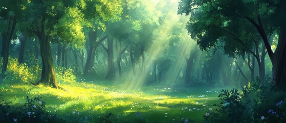 Enchanting Sunlight Filtering Through Lush Green Forest Trees Creating a Magical Atmosphere of Serenity and Peace