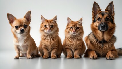Group of dogs and cats sitting in front of a backdrop