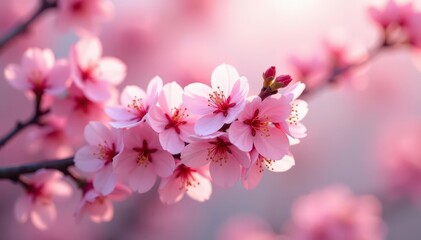 Delicate pink cherry blossoms, soft petals, gentle breeze , elegant, textile, floral