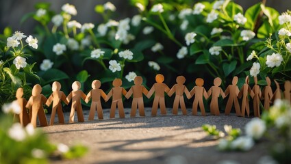 Human chain made of paper on a green creeper plant, teamwork theme.