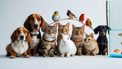 Group of pets gathered together; dog, cat, ferret, rabbit, bird, fish, rodent, isolated on white.