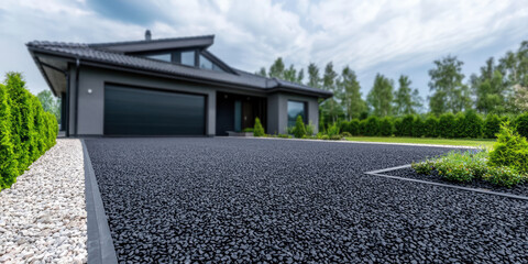 Rubber crumb pavement on the driveway to the country house. Automobile rubber driveway