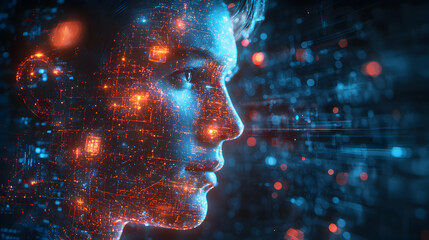 Digital human portrait showing a network overlaid on a face. Suggests AI or futuristic technology. Could represent data visualization.